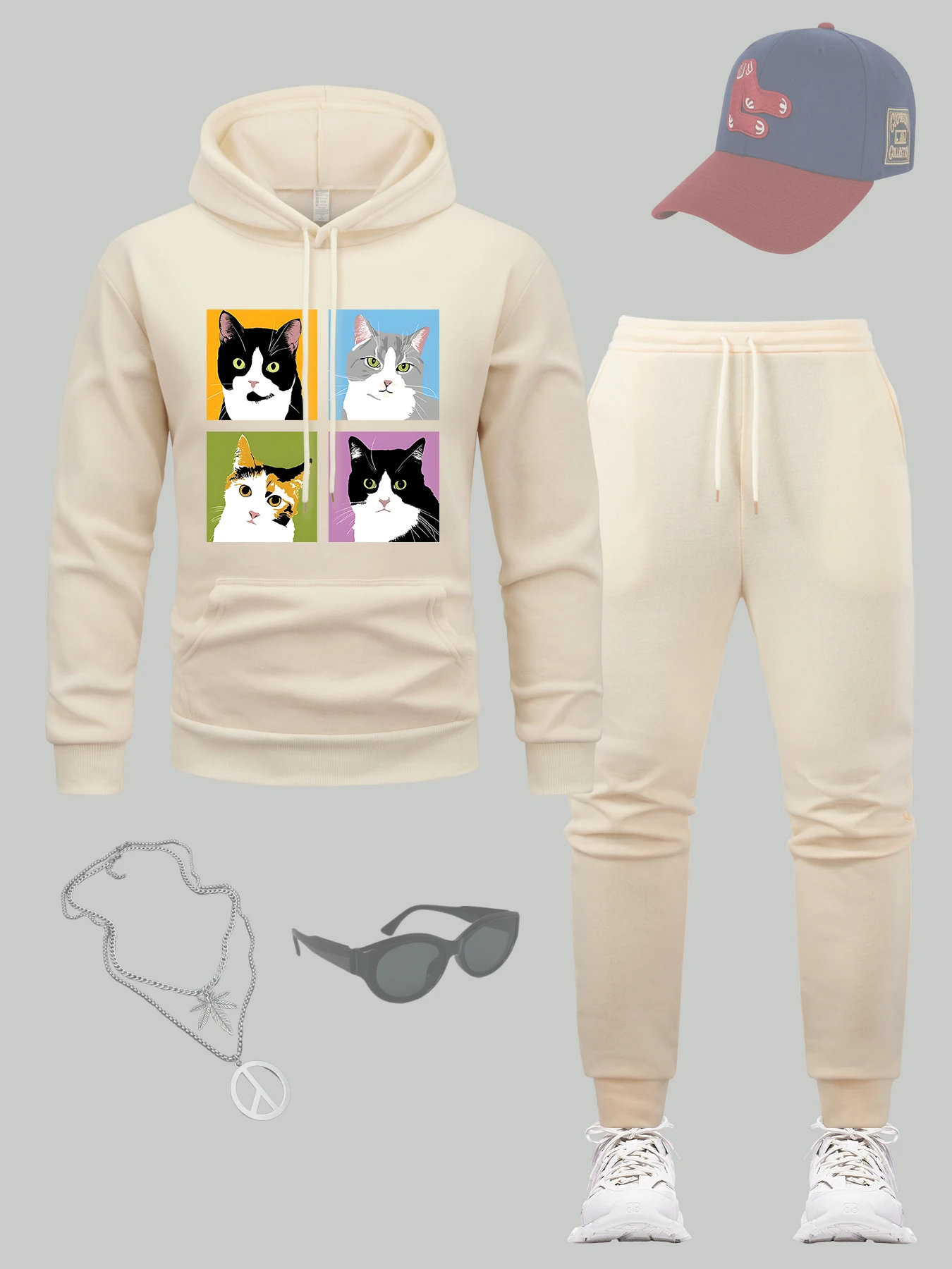 

Various Types Of Cats Cartoon Print Men Hoodie Set Fleece Autumn Sweatpants Pocket Loose Tracksuit Sport All-Match Jogging Sets