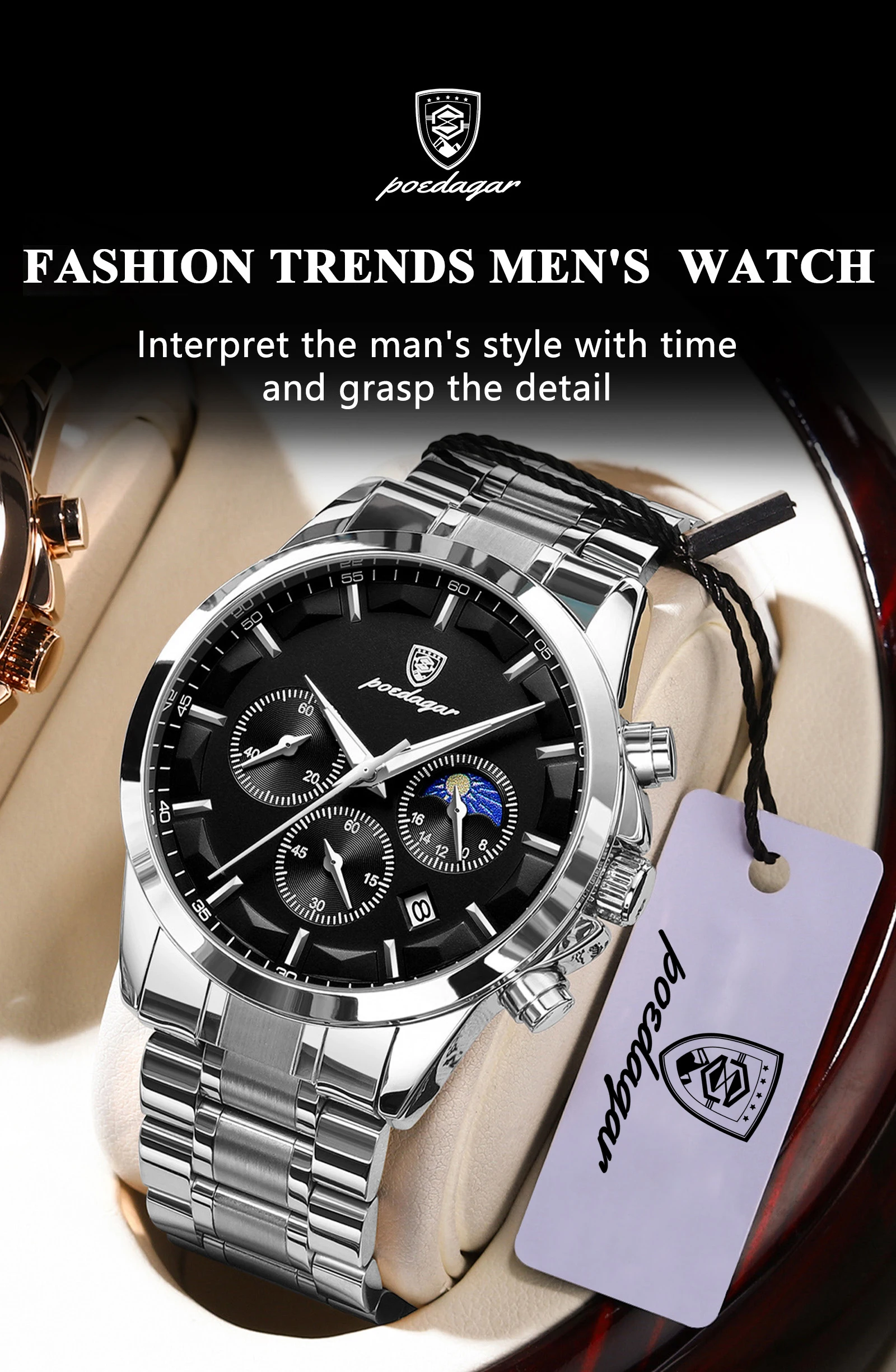 POEDAGAR Herrenuhr Wasserdicht Leuchtend Edelstahl Mode Herrenuhr Chronograph Datum Quarz Business Herrenuhren – Detail 12