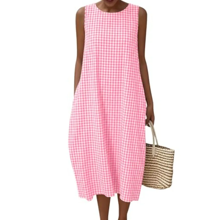 

LOMON Summer Dresses for Women Cotton Casual Maxi Dress Beach Vacation Long Sundresses Plaid Striped with Pockets