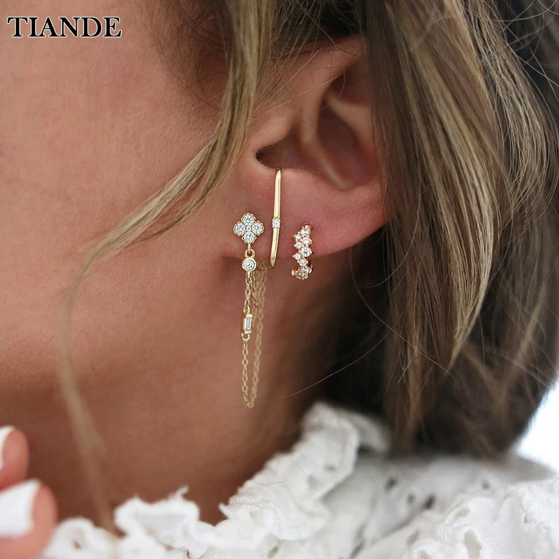 TIANDE-pendientes colgantes de doble cadena para mujer, Piercing de circón, aretes de aro, accesorios de joyería de moda, Color dorado, 2022