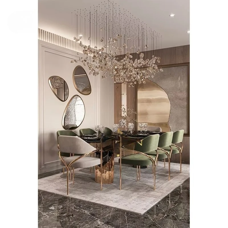 Modern Luxury Oval Dining Table Golden Stainless Steel Frame Rectangle Marble Top Dining Table Set for Villa