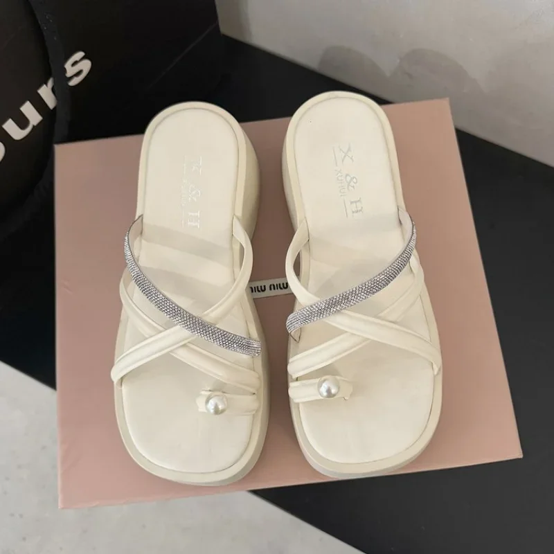 Women Wedges Pearl Slippers Beach Shoes Flats Platform Casual Sandals Summer Fashion New Flip Flops Female Party Dress Slides