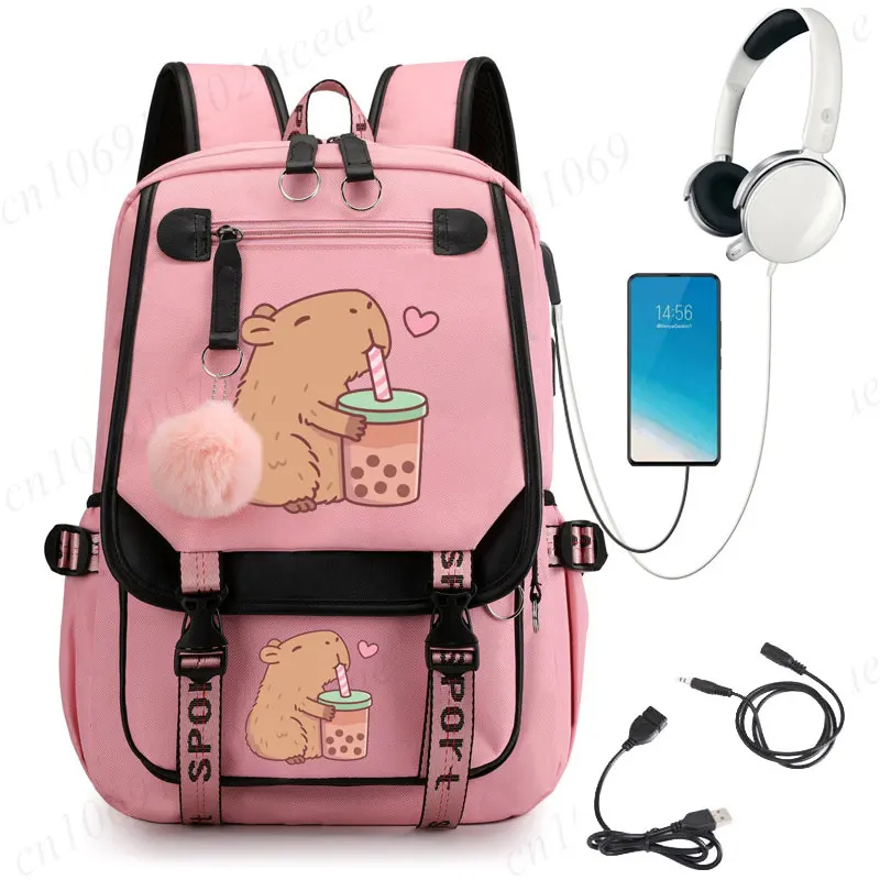 Mochila escolar para adolescentes, mochila escolar Kawaii Capybara Bubble Tea, mochila para niñas y niños, mochila para adolescentes, mochila rosa con Usb