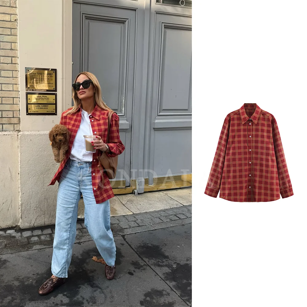 KONDALA 2026 Spring Autumn Elegant Casual Basic Women Plaid Shirts Vacation Garden Parties Hiking Commuter Style Ladies Shirts