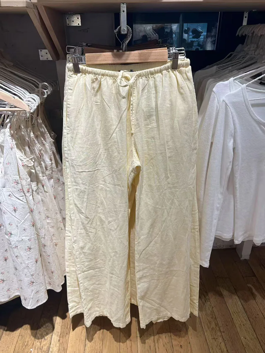 Novo amarelo cordão calças casuais mulheres verão cintura elástica fina streetwear moda estilo preppy doce perna larga calças y2k