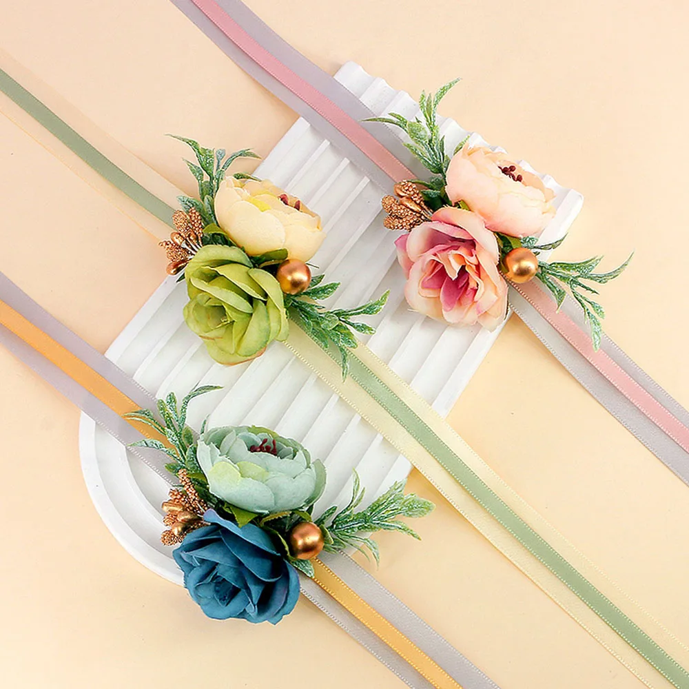 Wedding Wrist Flowers In Various Colors Exquisite Satin Ribbon Bow Wedding Party Flower Appliques Simulated Flower Bracelet