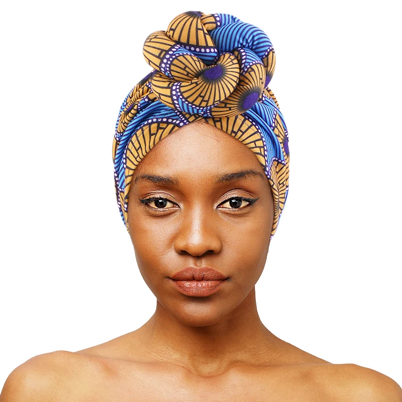 African Print Turban for Women New Fashion Pre-Made Top Knot Head Wraps Flower Stretch Hijab Ladies Party Wedding Headdress