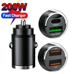 Mini 200w Car Charger Lighter Fast Charging 100w Pd Usb Type C Dual Ports Invisible Metal Charger For Xiaomi Samsung Huawei