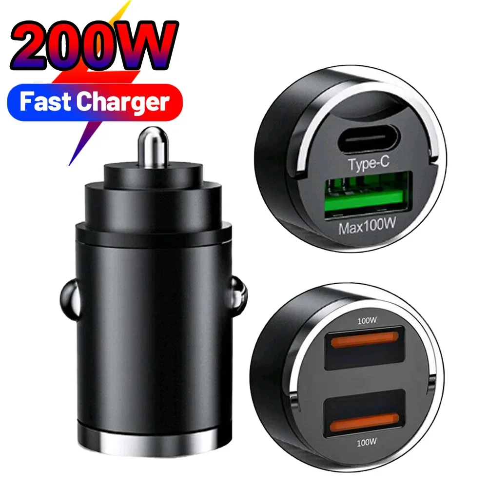 200w Mini Car Charger Lighter Fast Charging 100w Pd Usb Type C Dual Ports Invisible Metal Charger For Xiaomi Samsung Huawei