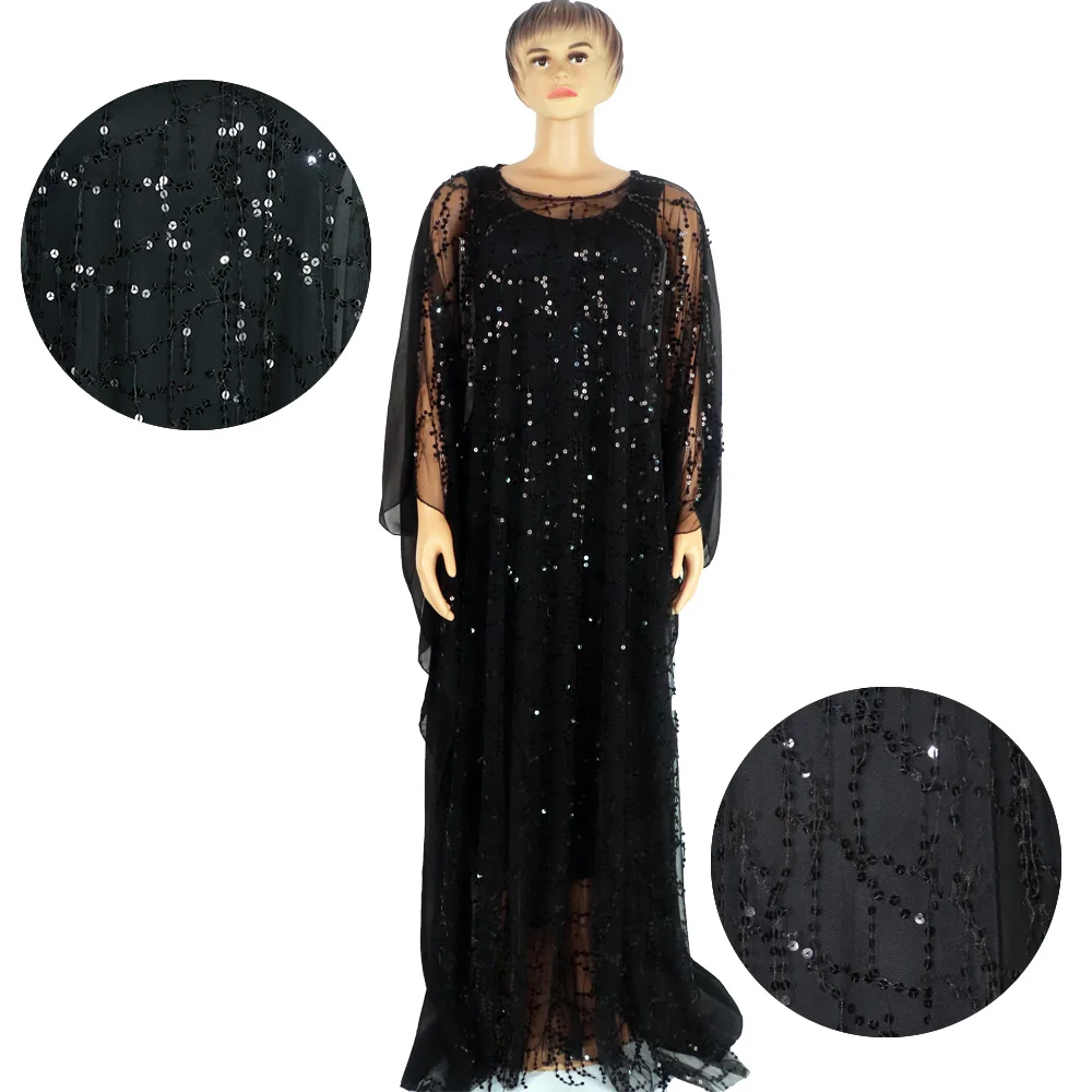 African Woman Dress Solid Sequins Decoration Polyester Chiffon Fabric Loose Plus Size Long Robe With Stretch Long Vest Dress