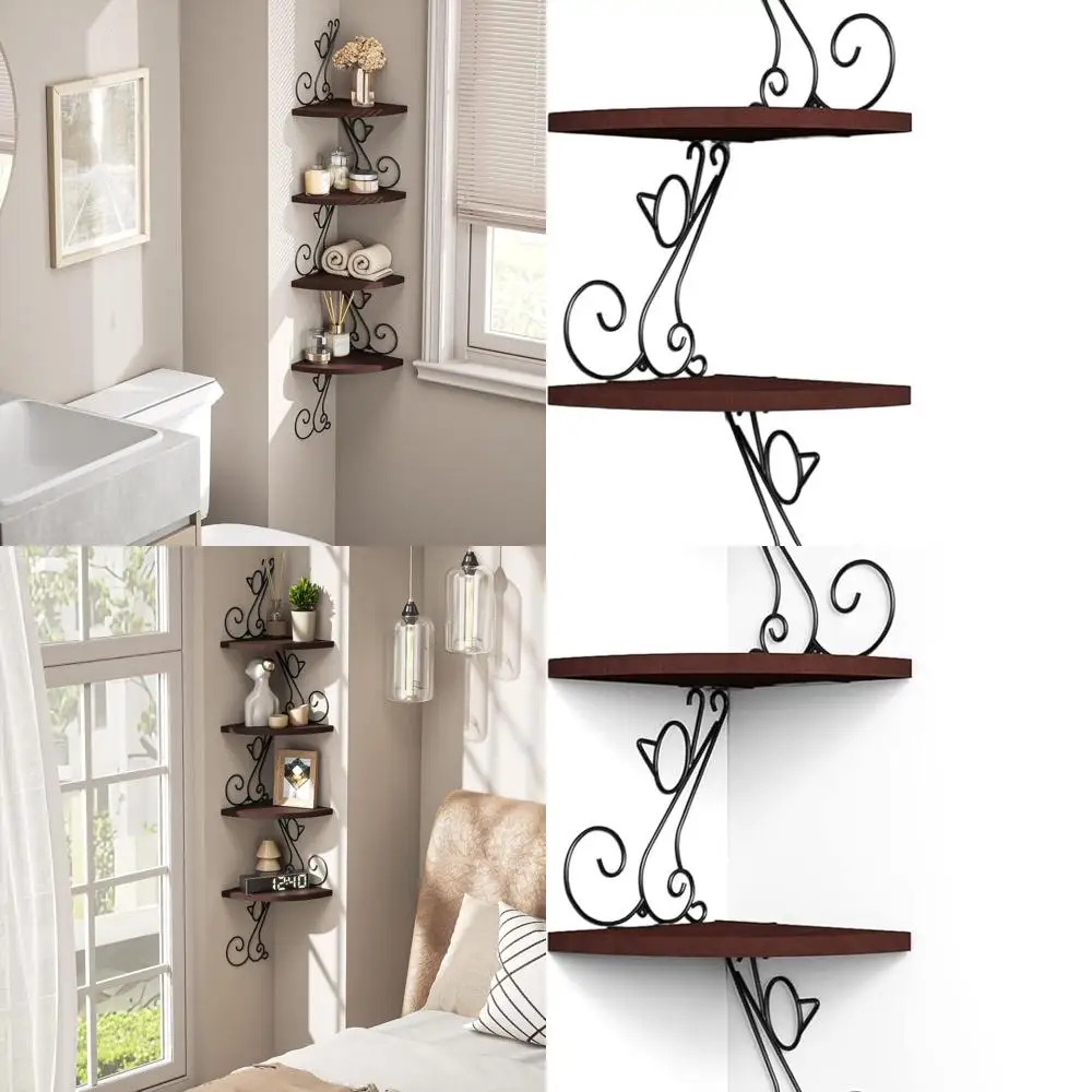

4-Tier Rustic Wall-Mounted Corner Shelf, Easy Assembly, Walnut Finish for Home & Office Decor