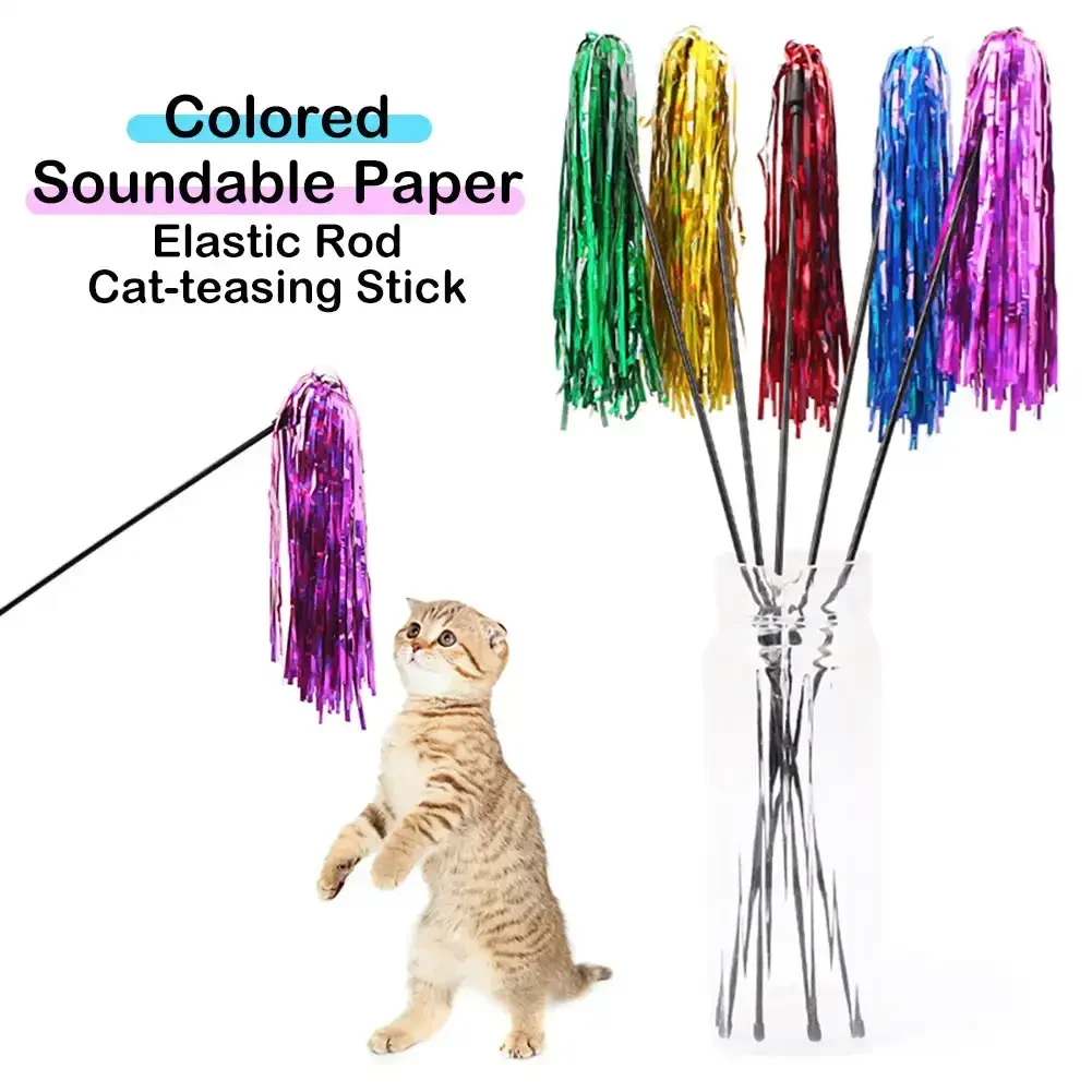 Random Colors Ringing Reflective Paper Teaser Wand Kitten Cat Toy Interactive Toy with Bell Pet Teaser Stick Funny Pet Supplies