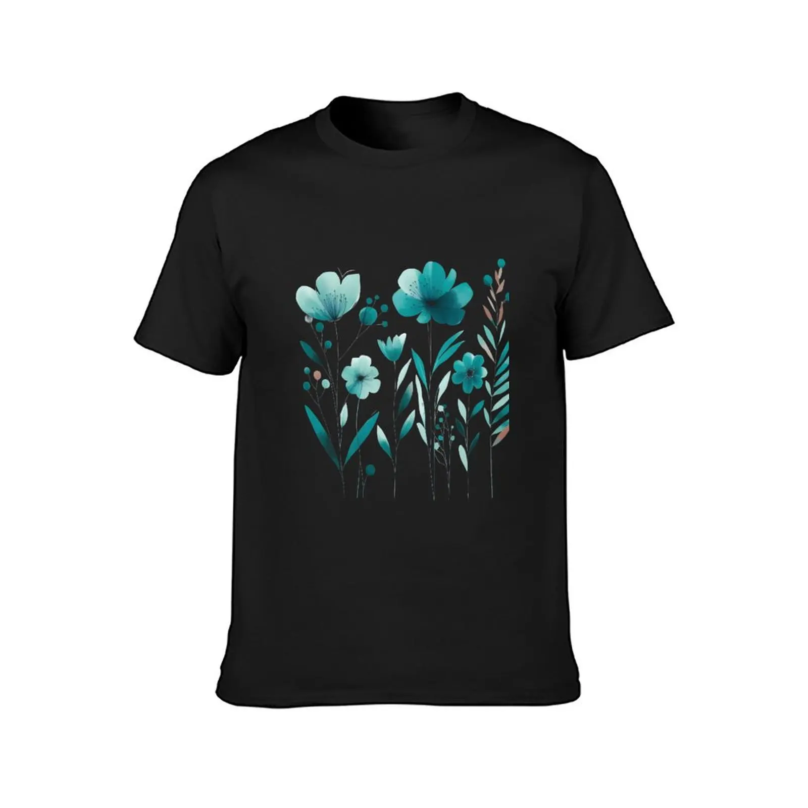 Turquoise Floral Design T-Shirt oversized graphics summer tops vintage heavyweight t shirts for men