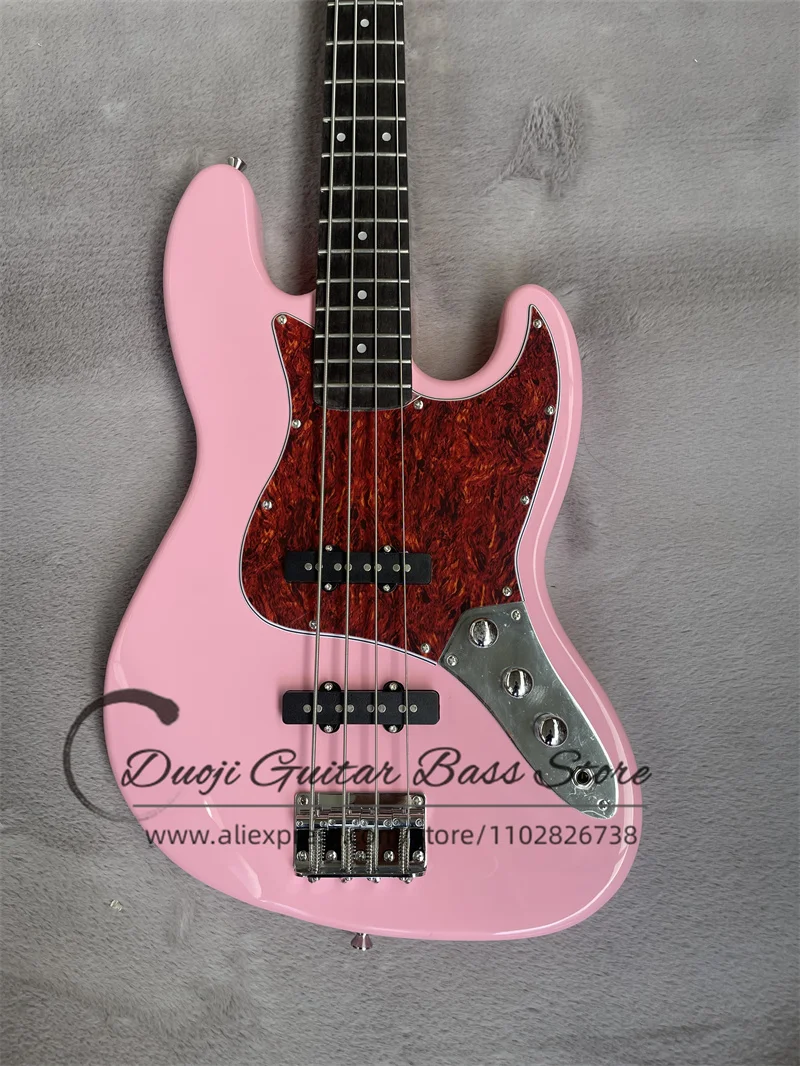 4 Strings Pink Electric Bass Rosewood Fingerboard Yellow Neck Red Tortoise Shell Guard Fixed Bridge Customized