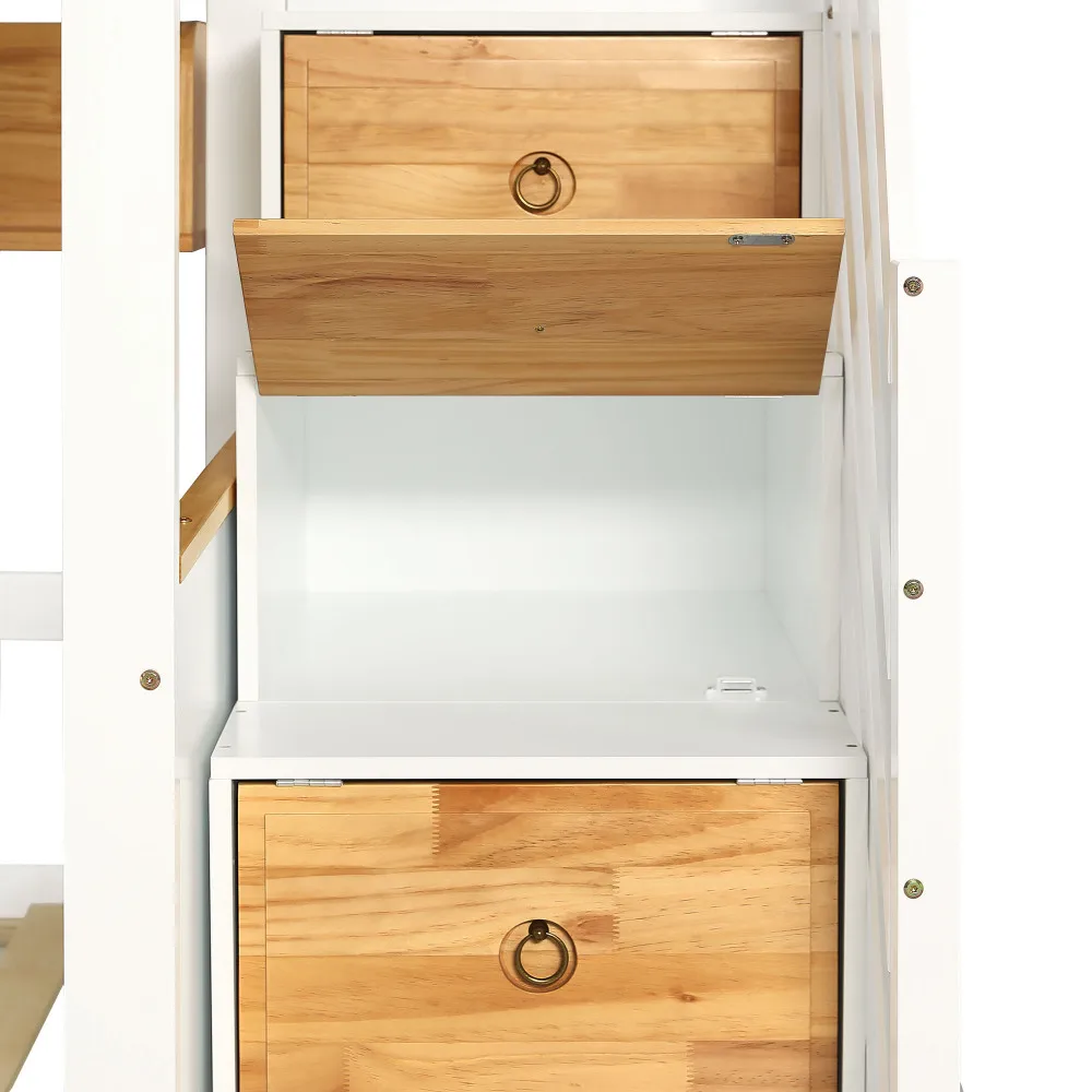 PINGGO Weißes Naturholz-Etagenbett 90x200cm mit Stauraum-Treppe, 4 Schränken, 2 Schubladen, offenem Regal, Fallschirmgitter, Kiefer+MDF, ohne Matratze – Detail 22
