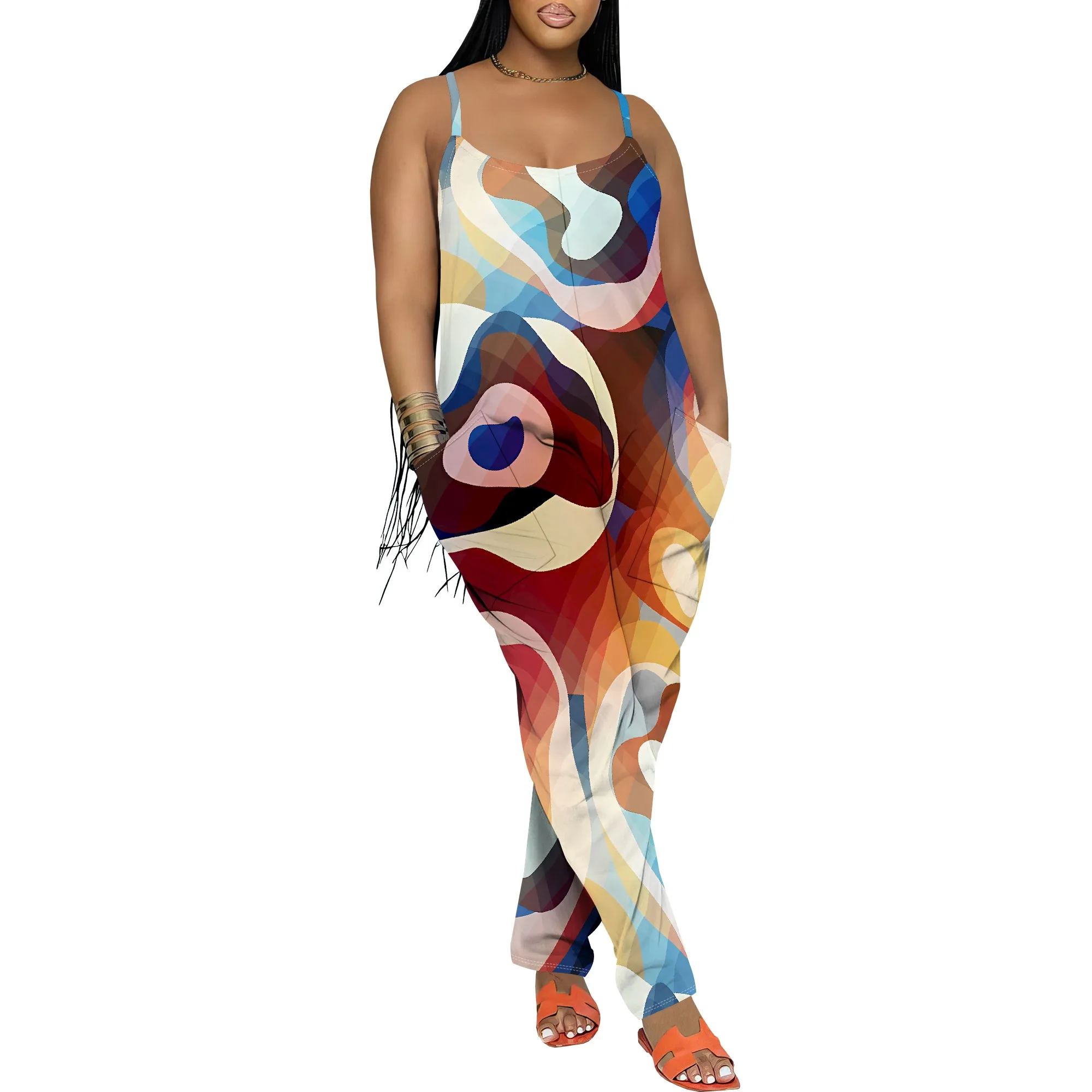 Women's Sleeveless Abstract Print Jumpsuit Casual Loose Strappy Overalls Summer Beachwear