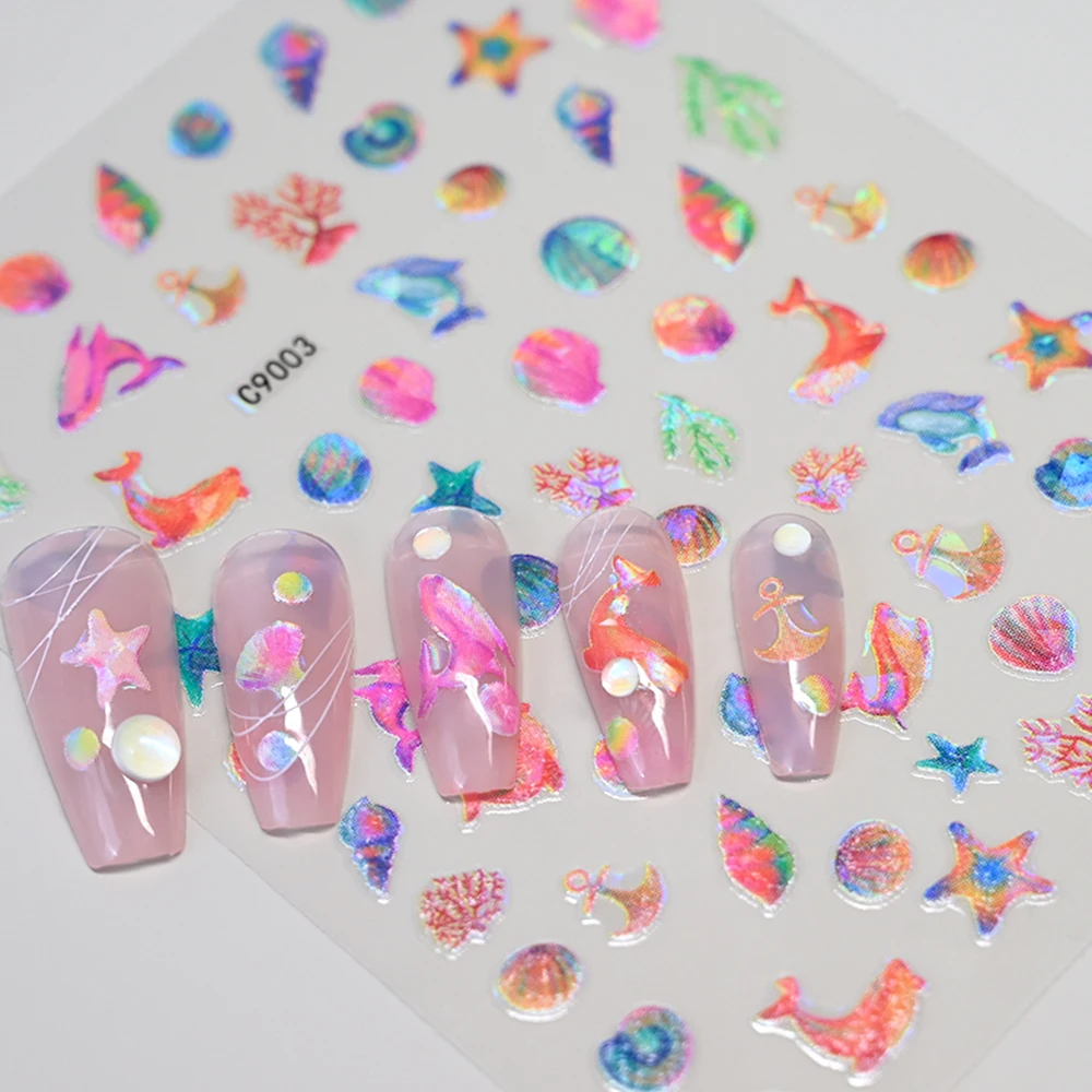 4/1pcs 5D Summer Sea Shell Starfish Nail Stickers Laser Shiny Embossed Starfish Dolphin Nails Decals DIY  Ocean Manicure Sticker