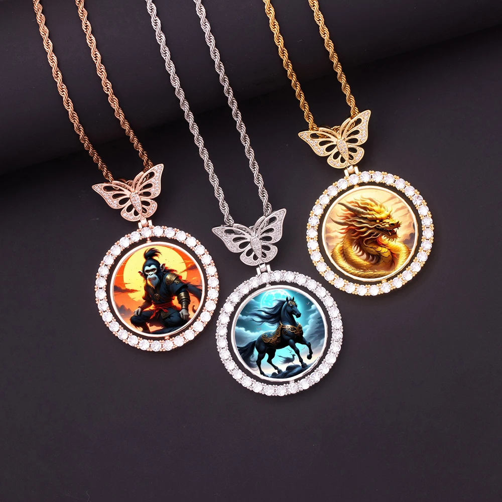 HipHop Brass Golden Plated Butterfly Hook Photo Pendant Double Side Circle Memory Wukong Picture Iced Out Charm Necklace Jewelry