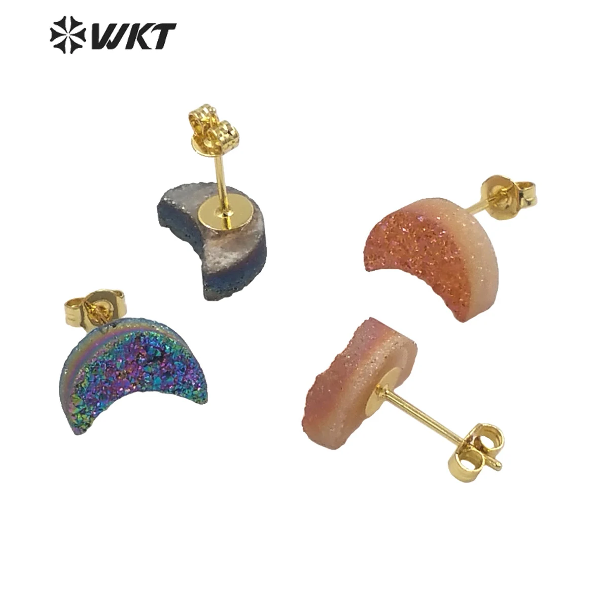 WT-E683  WKT 2022 Noble moon shape druzy agate with titantium gold-plate Earrings fashion SALE jewelry girl party gift birthday