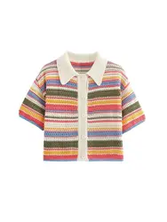 Women's Striped Crochet Knit Crop Sweater, Polo Collar, Short Sleeve, Button-up, Female Outerwear, Chic Tops, Fashion