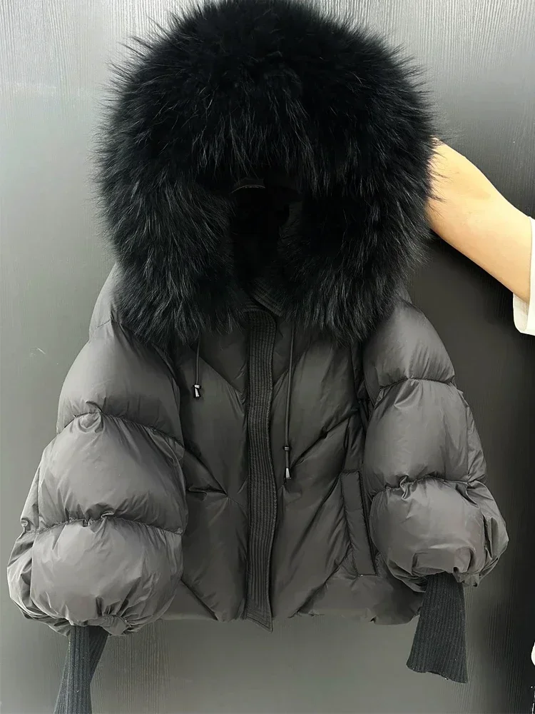 NONE Weiße Ente Daunenmantel Frauen Echtpelz Jacke Mit Kapuze Puffer Jacke Verdicken Warme Gestrickte Ärmel Mittlere Lange Parka Neue Winter Große 6