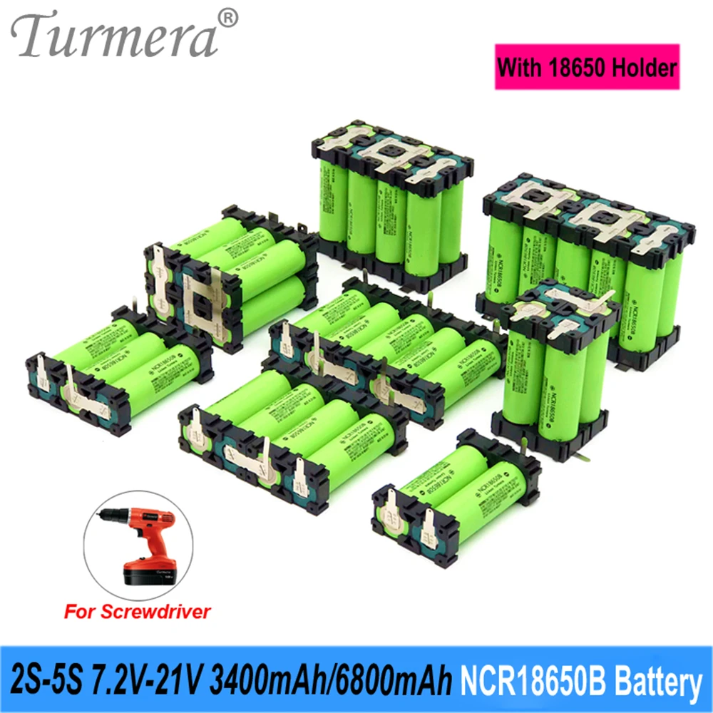 Turmera 2S-5S NCR18650B 3400mAh 6800mAH Battery with Holder for 8.4V 12V 16.8V 18V 20V 21V Screwdriver Drill Battery Replace Use