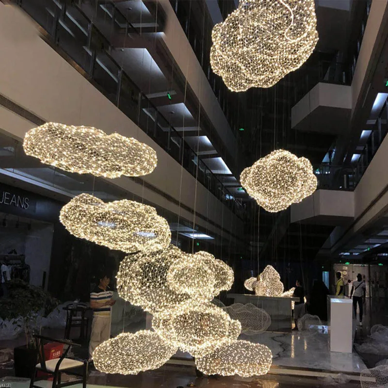 Iron Mesh Cloud Chandelier LED Hand Woven Cloud Lamps Nordic Industrial Style Villa Dining Room Staircase Living Room Chandelier