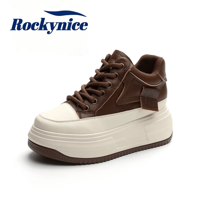 6.5CM Heels Genuine Leather Casual Shoes Autumn Winter Outside Combat Chunky Sneakers Lace-up Sports Skateboarding Shoes Woman