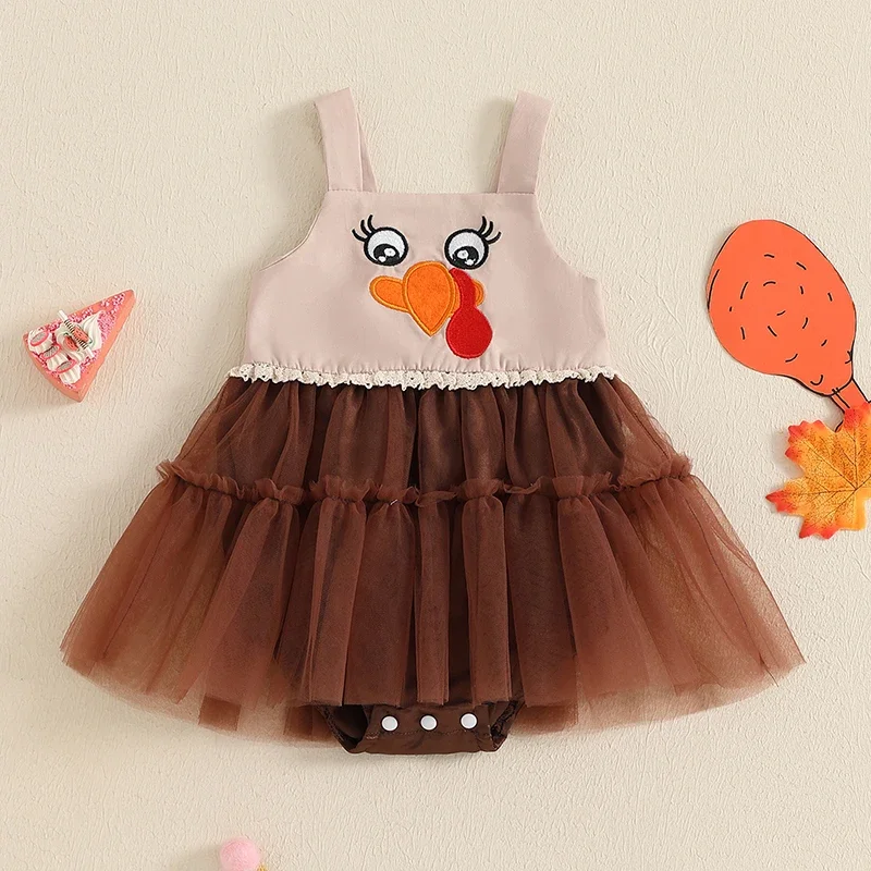 Lioraitiin Newborn Baby Girls Thanksgiving Romper Dress Sleeveless Turkey Embroidery Tulle Patchwork Romper 0-18 Months