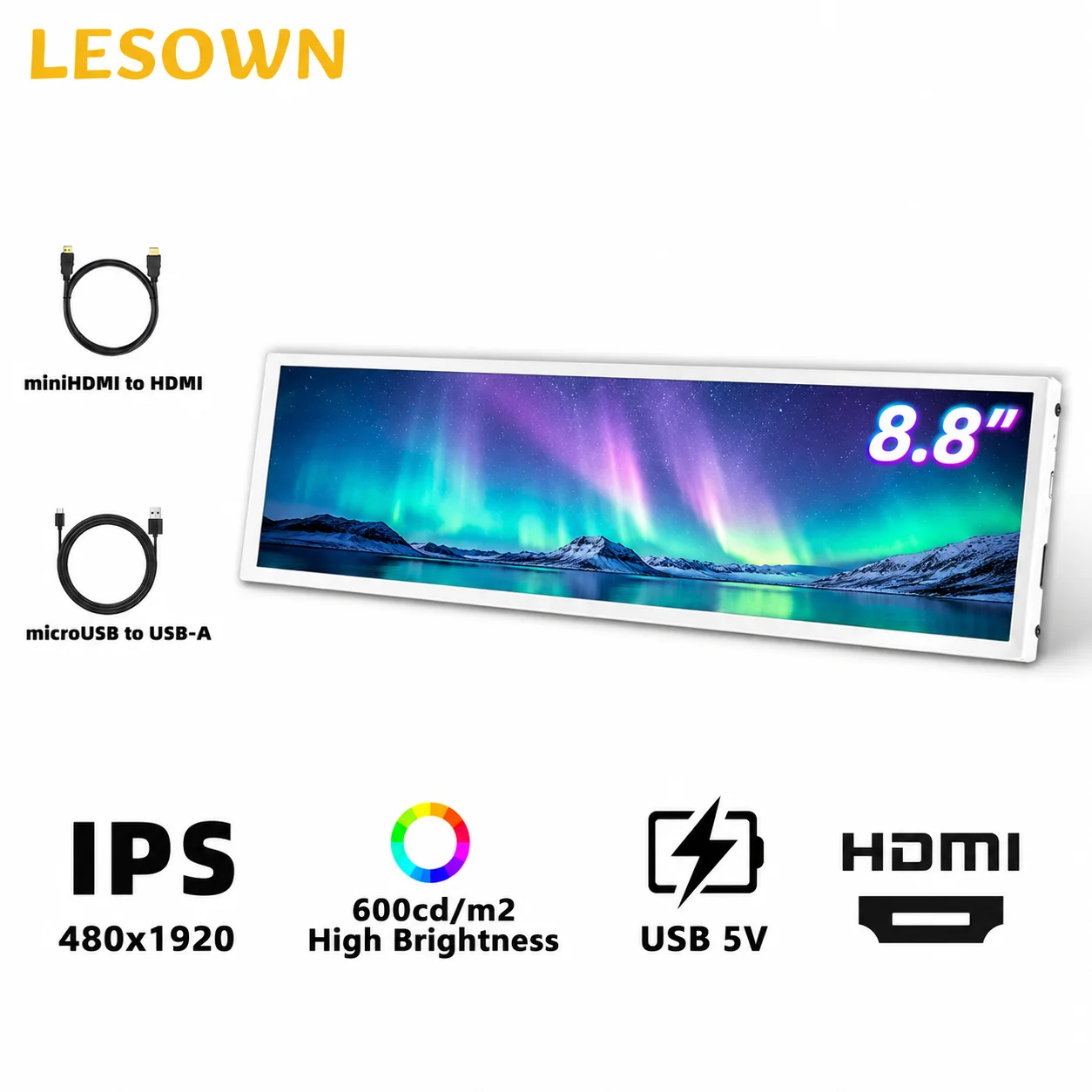LESOWN PC Panel Zero Setup Aluminium White 8.8" Raspberry Pi DIY HDTV 1920x480 60Hz