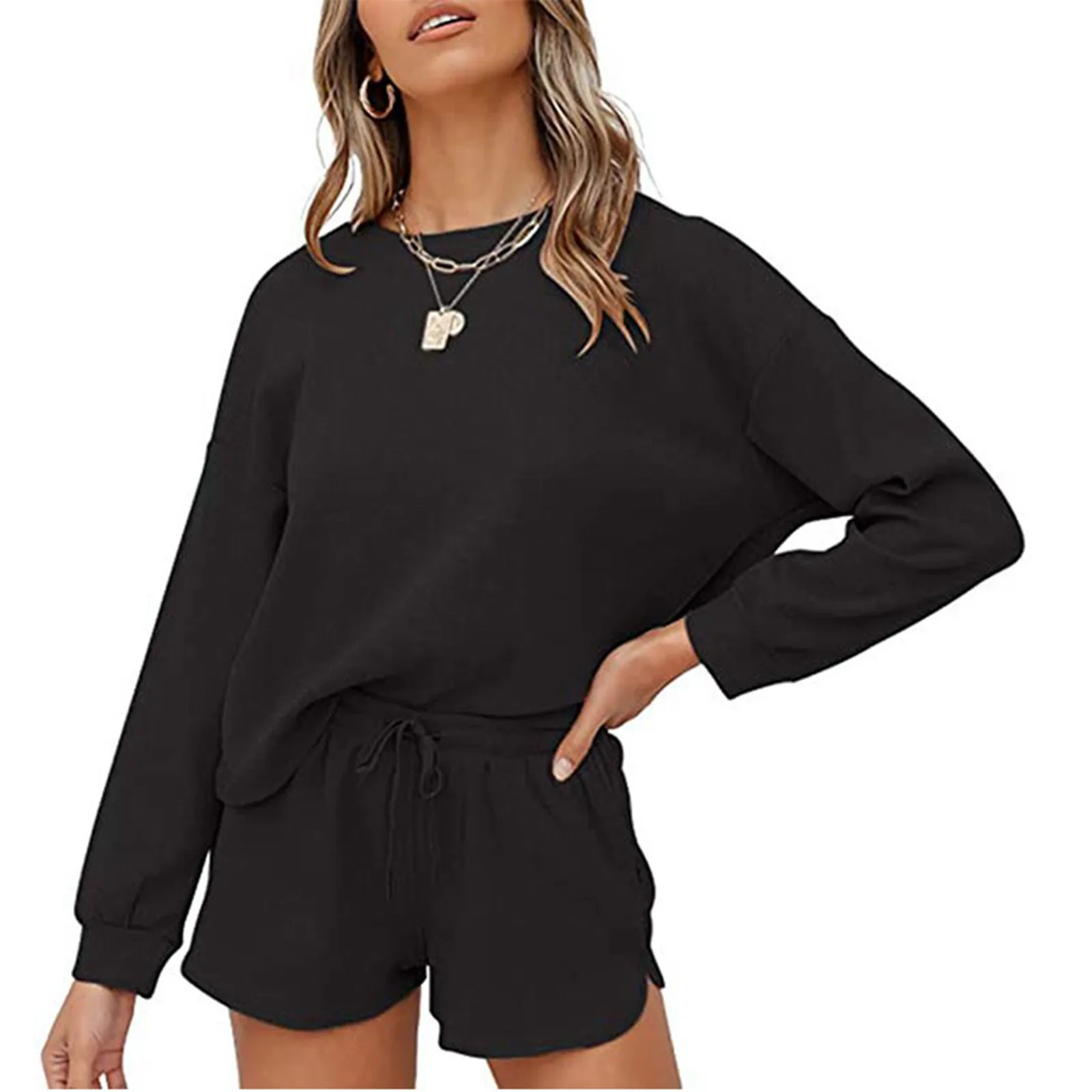 Ladies Solid Colour Round Neck Loungewear Casual Long Sleeve Drawstring Shorts Suit Long Sleeved Elastic Waisted Shorts Sets