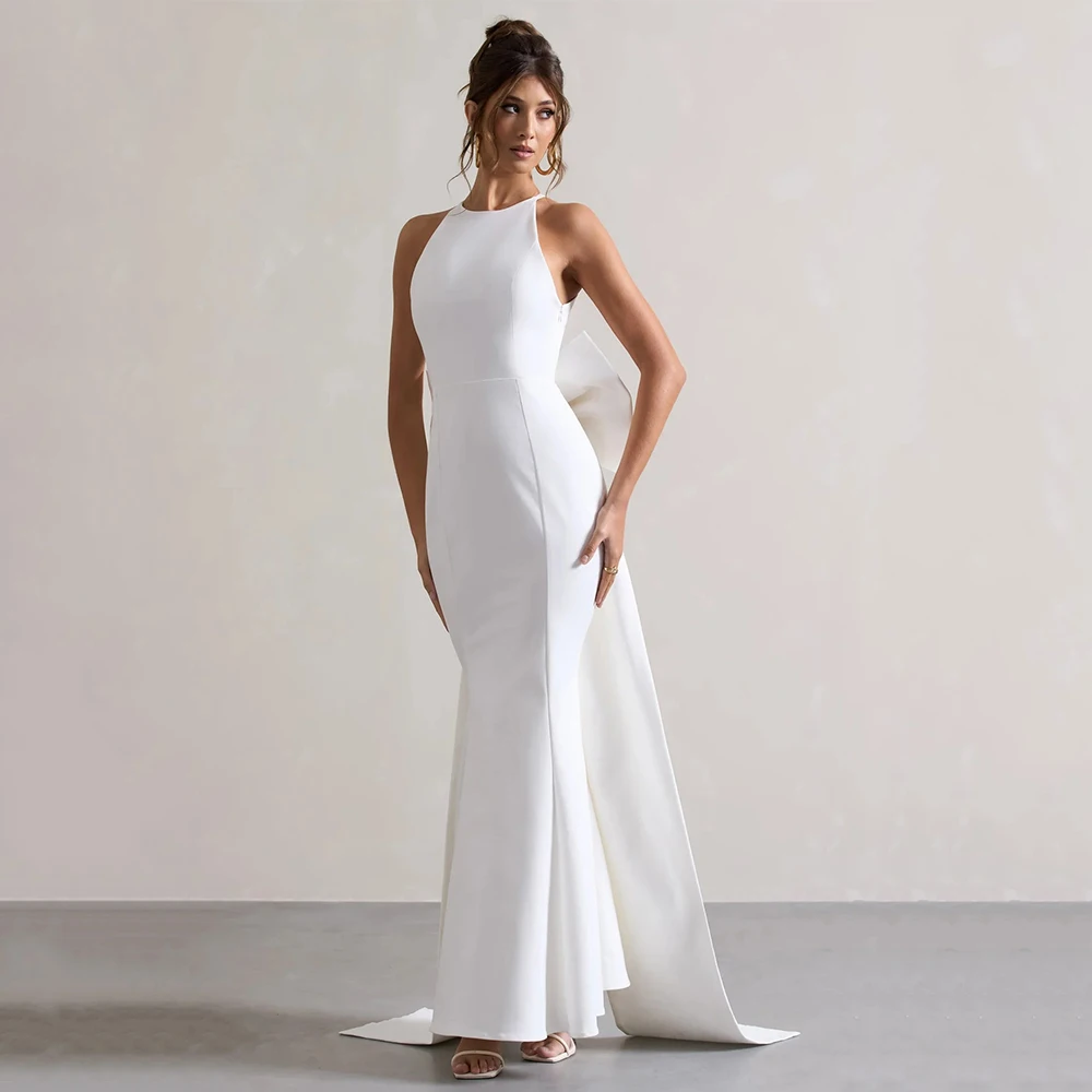 Customized Modern Style Jersey Bow Draped Trumpet Halter Long Dresses Bespoke Occasion Dresses Simple Matching Sizes Available
