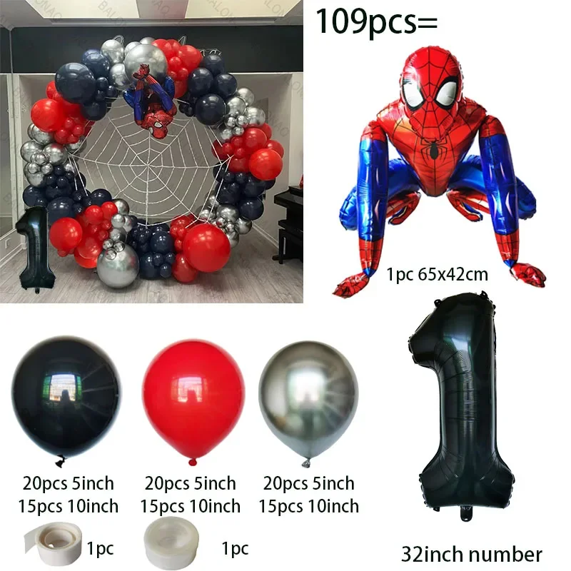 109pcs Superhero Spiderman Theme Aluminum Film Balloons Digital Balloons Children's Birthday Party Decoration Supplies