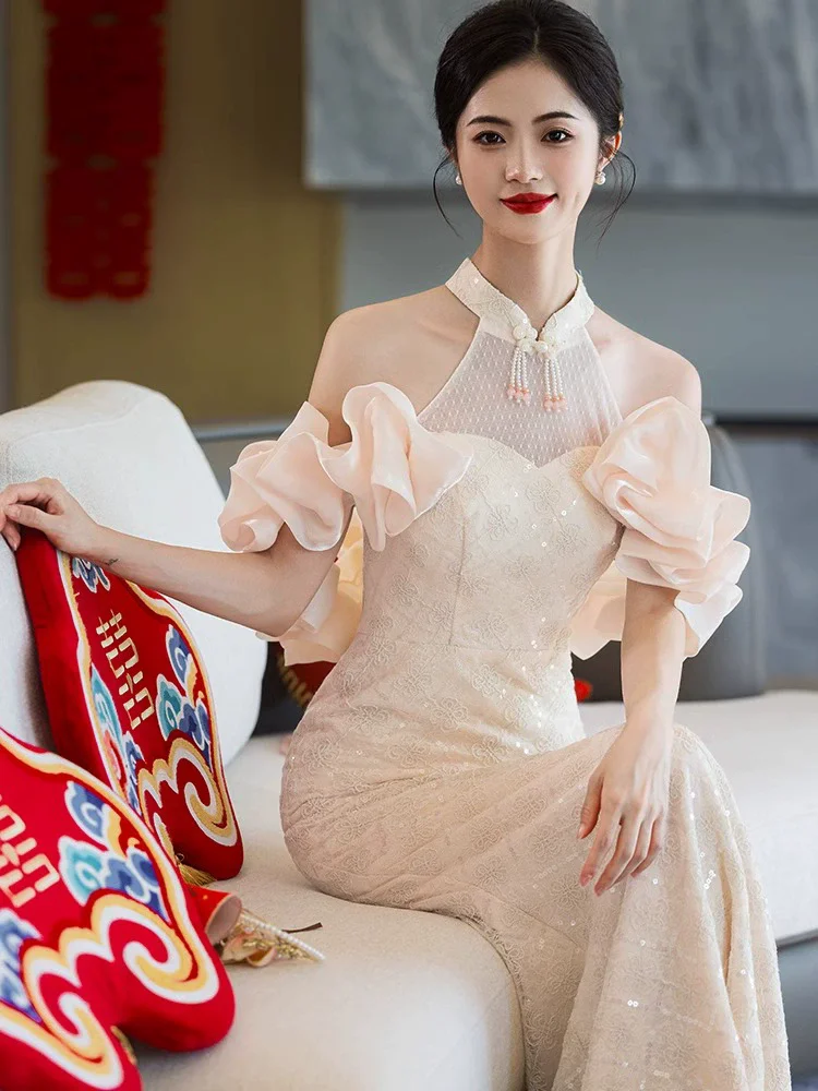 فستان مثير بدون أكتاف على شكل ذيل السمكة فستان خطوبة على الطراز الصيني الجديد بياقة تشيباو الماندرين الفاخرة المحسنة شيونغسام #5