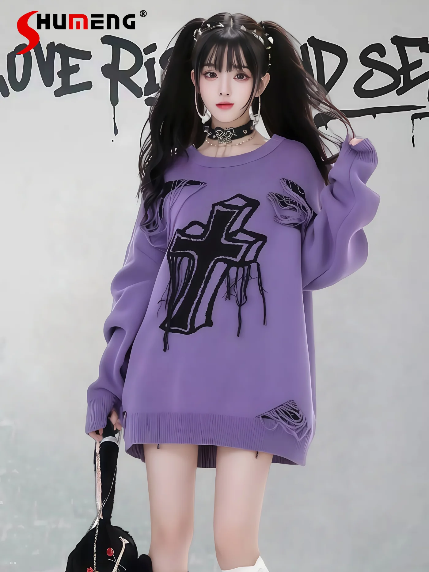 

Уличная одежда Subculture Sweet Cool Girl Y2K вязаные топы с круглым вырезом и длинными рукавами, свободный повседневный рваный пуловер, женский осенний свитер