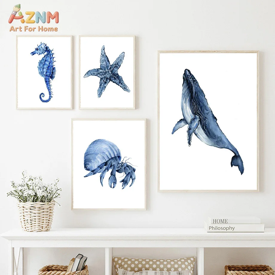 AZNM Blue Ocean Creatures Canvas Wall Art, Watercolor Crab Seahorse Ray Dolphin Lobster Print, Frameless Coastal Nautical Canvas
