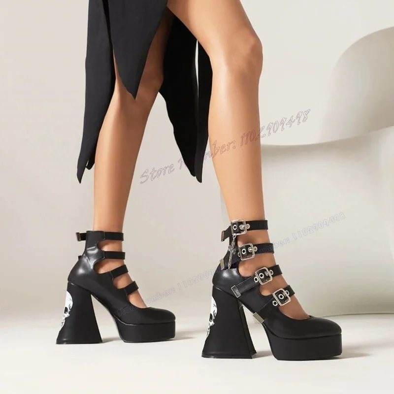 Black Skull Print Strappy Buckle Pumps Chunky High Heels Shoes for Women Platform Round Toe Y2K Shoes 2023 Zapatos Para Mujere