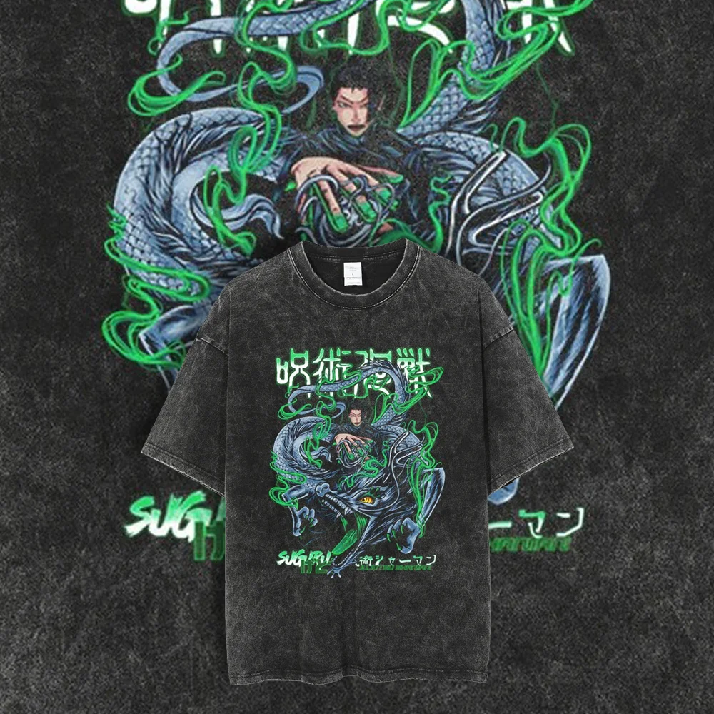 

Fashion Summer Men WashedT-shirt Vintage Japanese Anime Graphic Tshirt Washed Oversize Tshirt Harajuku Streetwear Tees Top Black