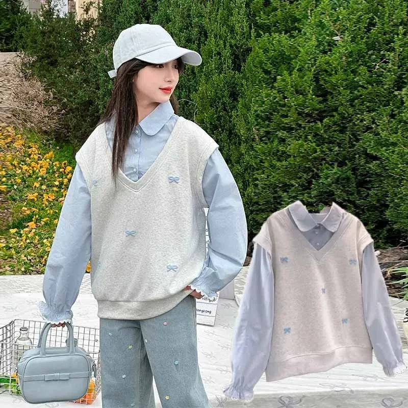 

Толстовки с галстуком-бабочкой для девочек, весенние пуловеры с воротником, детский милый джемпер с длинными рукавами, детский повседневный топ, осенняя модная одежда