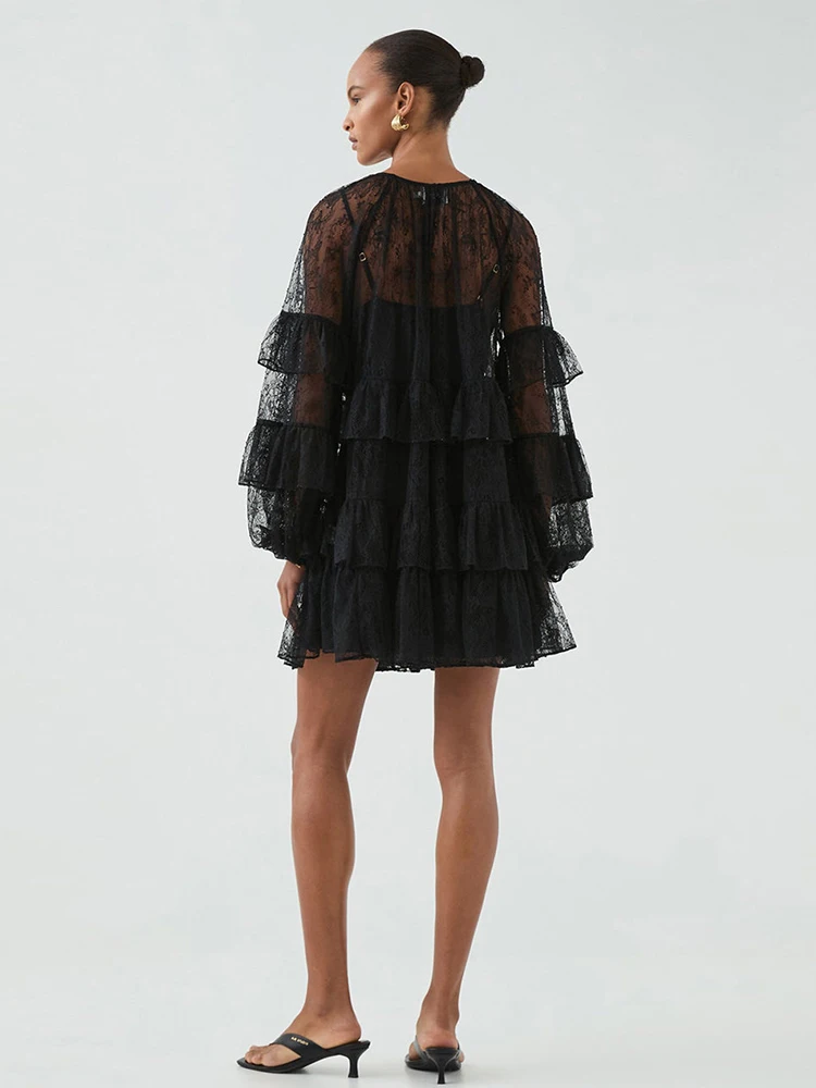 2026 summer women's clothing retro multi-layered see-through lace pullover dress fashion loose tutu skirt + suspenders