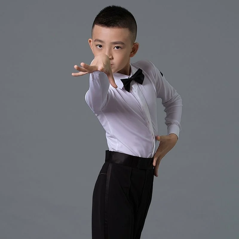 New Professional boy Latin Dance Shirt White color Performance Costume Rumba Samba Dance Wear One-piece dance shirt for kids