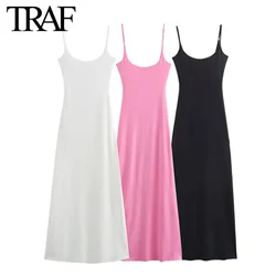 TRAF Women Fashion Summer New Sleeveless Backless O-Neck Fine Sling Long Dress Chic Female French Elegance Evening