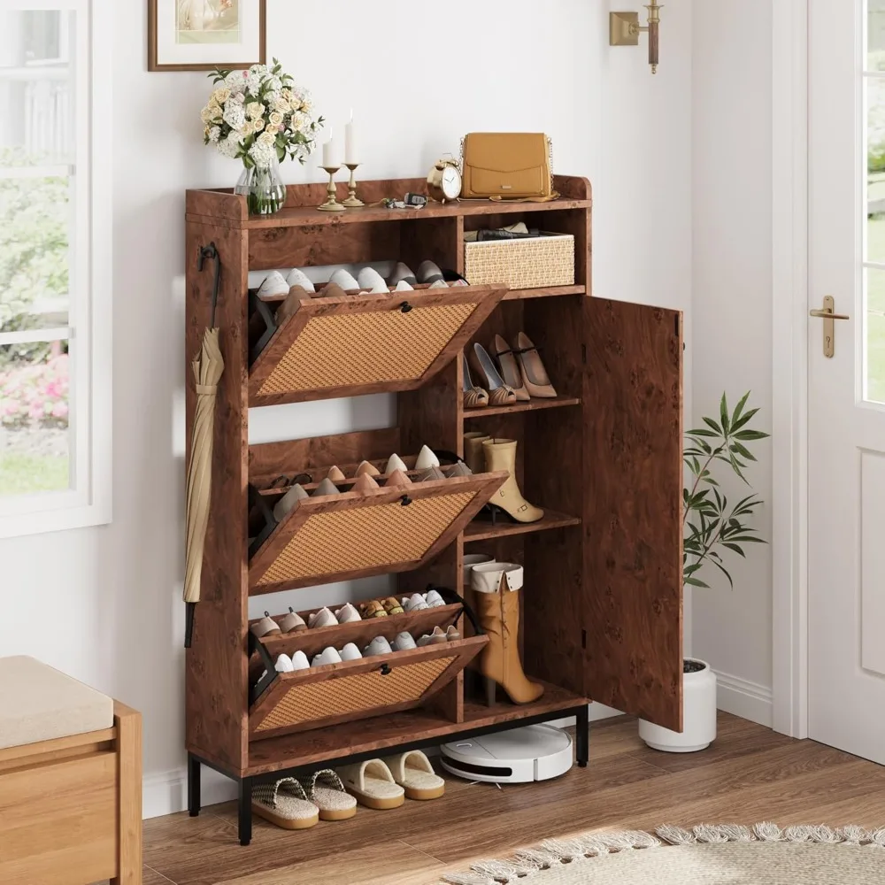 shoe cabinet rattan with 3 flip drawers and 4-tier shoe storage cabinet, freestanding shoe organizer with adjustable shelves fo