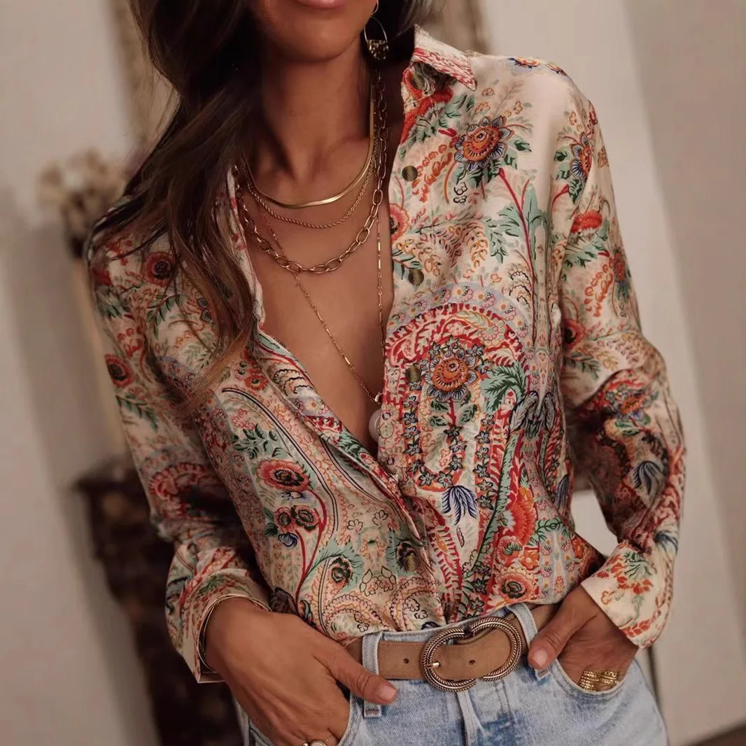 

Autumn Long Sleeve Shirts Casual Tops Spring Fashion Women Floral Print Blouse Tops Lapel Ladies Shirts Clothes Blusa Elegant