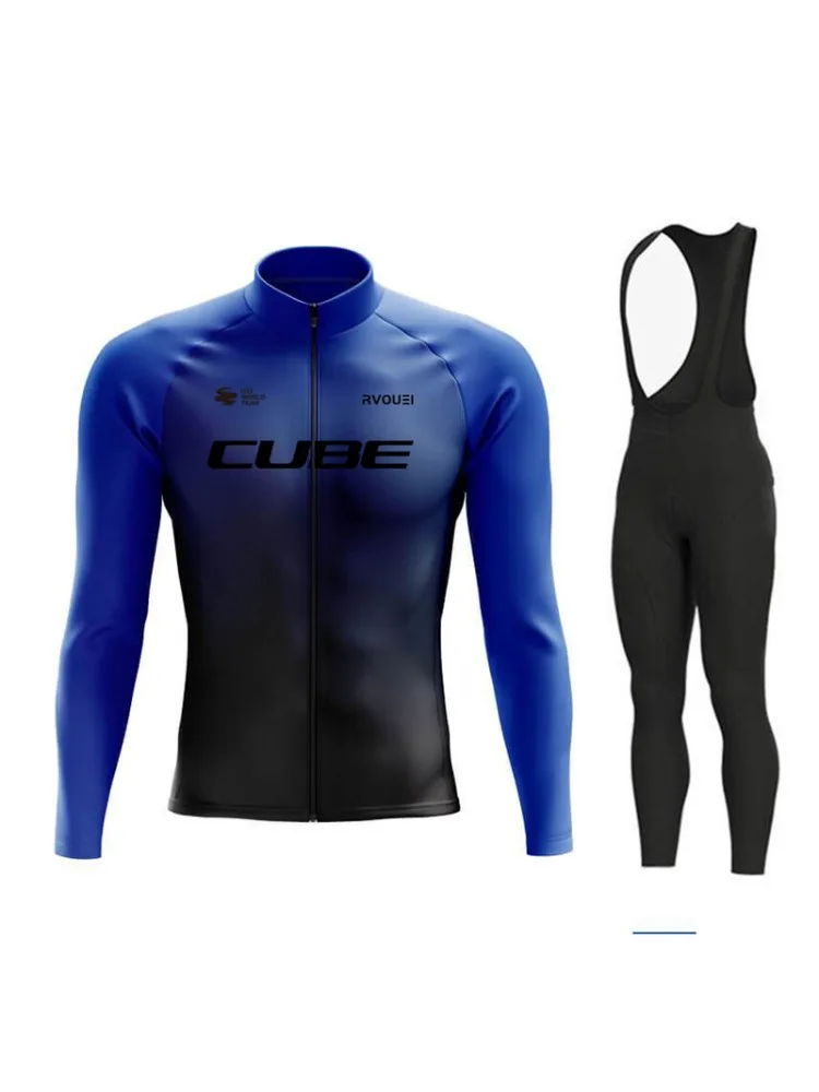 Rvouei Cube Oddychający Zestaw Kolarski z Długim Rękawem Koszulka i Spodnie na Szelkach Ropa Ciclismo Odzież Rowerowa Strój MTB Ubrania Męskie — 2