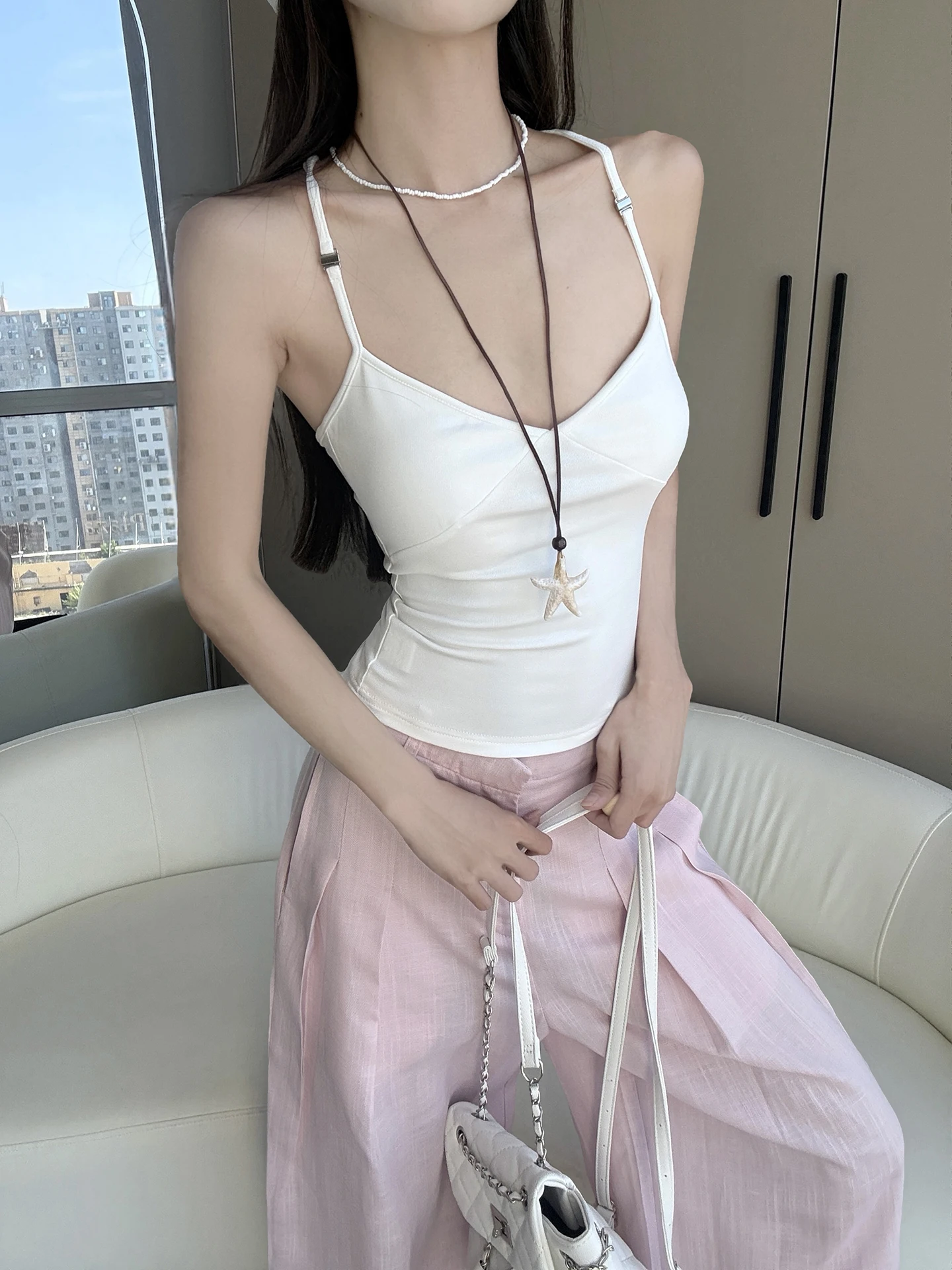 MianCun Silk Knitted Vest Strap Women Summer Outdoor Sexy Short Beach Pink Top Elastic Close-Fit V-Neck Splice Design