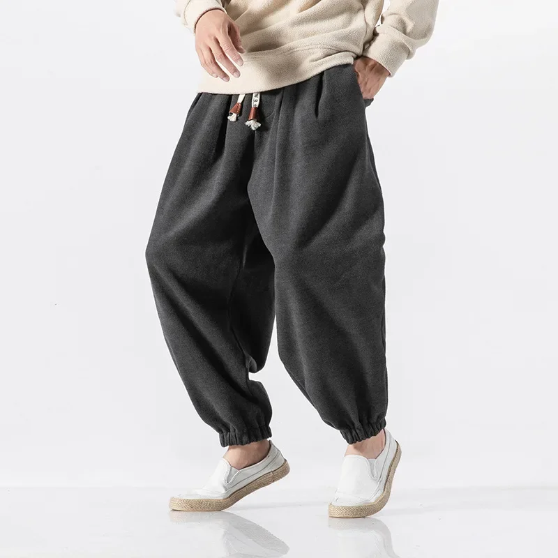 Hip Hop Streetwear Cross-Pants Men Wool Pants Harajuku Vintage Loose Trousers Elastic Waist US Size Clothes