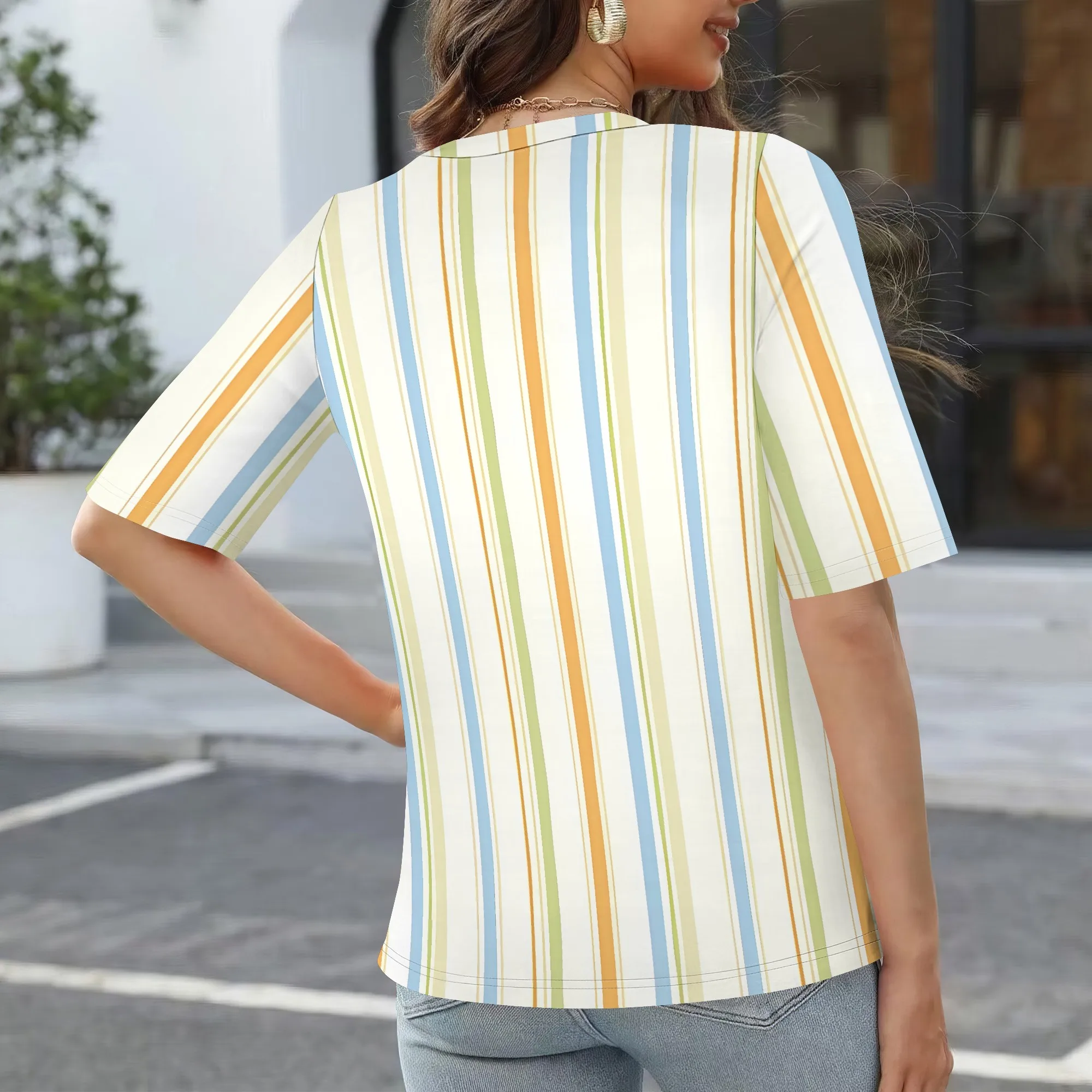 EQQZD Traditional Short Sleeve V-Neck T-Shirt Top, Stylish Simple Stripe Print T-Shirt, Casual Loose Tops for Women