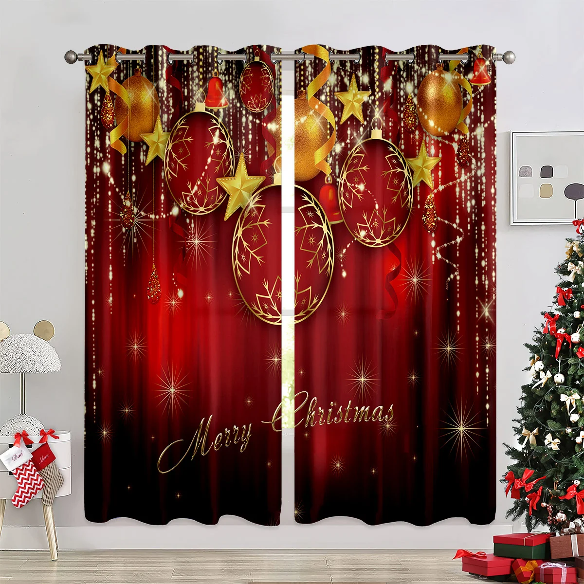 

Santa Claus Colored Bells Happy New Year Christmas Tree Red Green Children's Bedroom Living Room Home Decor Curtains Christmas