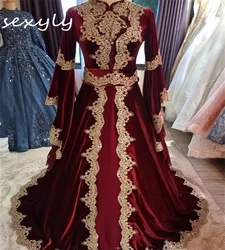 Traditional Burgundy Morrocan Wedding Dress With Gold Appliques Velvet Muslim Arabic Dubai Bridal Gowns Long Sleeve Customized
